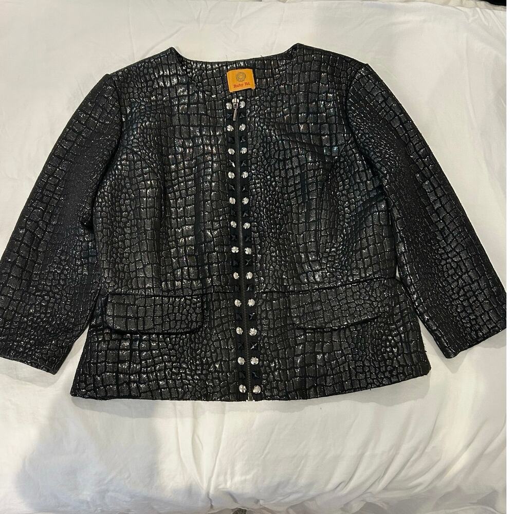 Black faux reptile embossed shimmer zip jacket studs rhinestones metallic thread